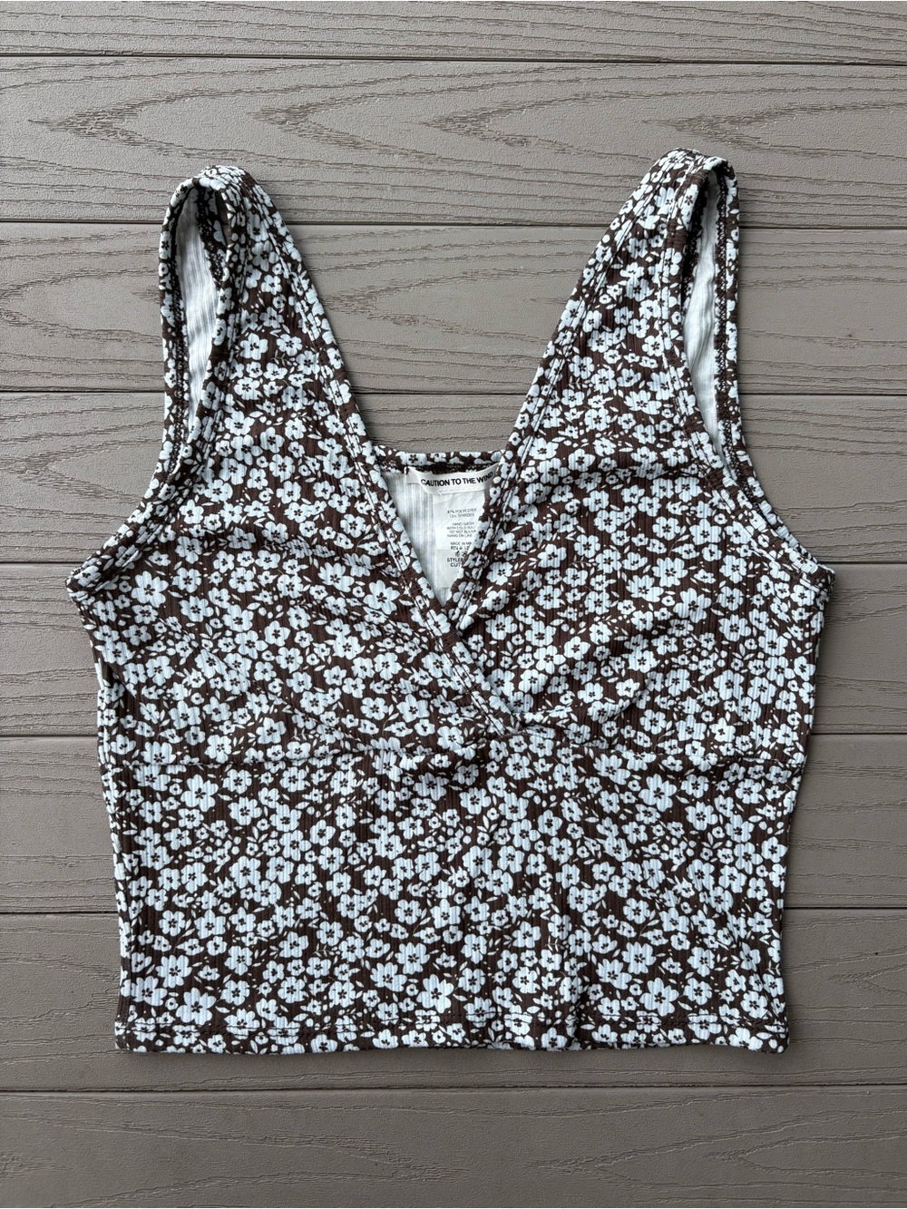 Caution to the Wind Brown White Floral Cropped Tank Top